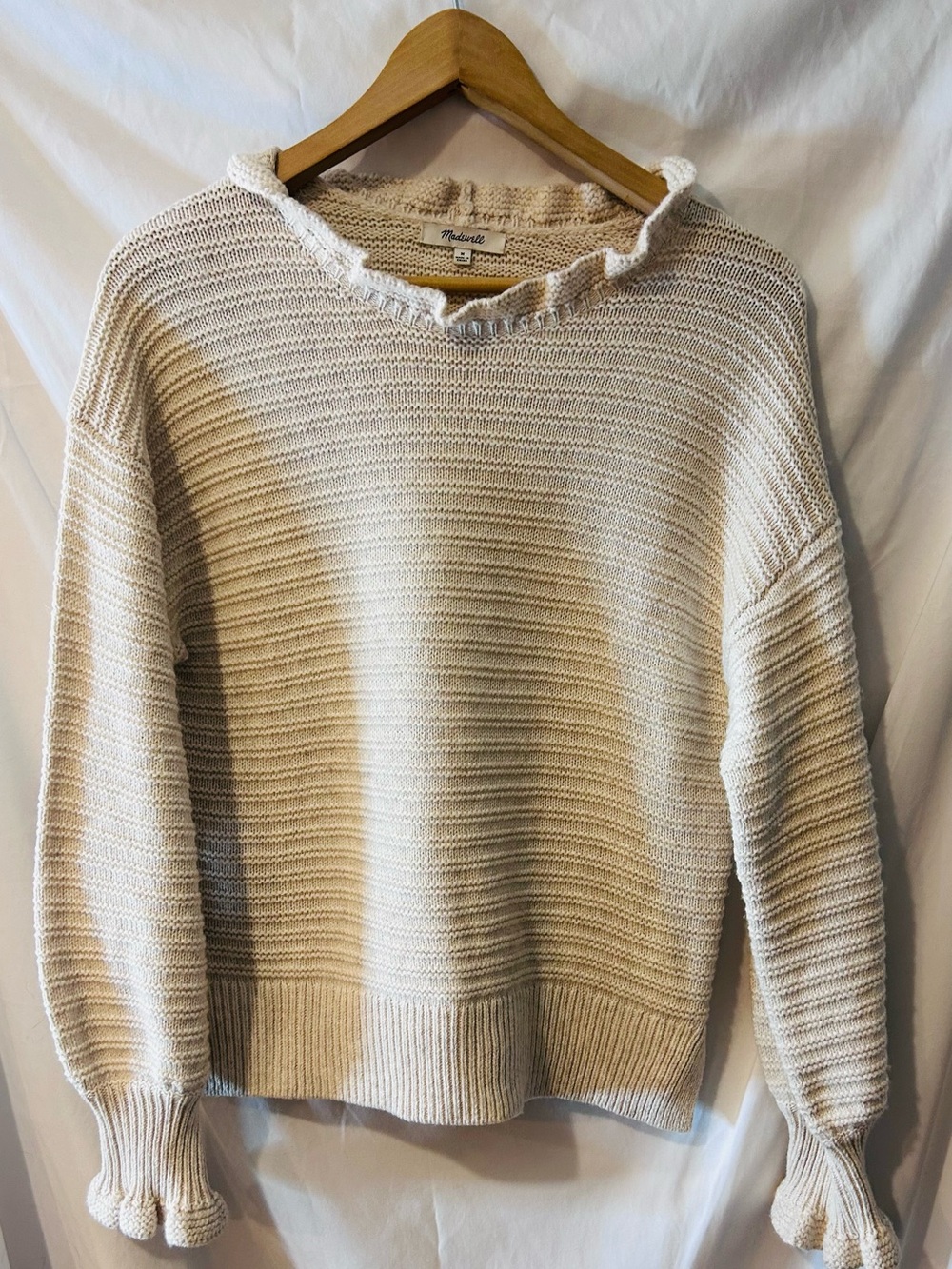 Madewell Sweater Size M Cream Ivory Ruffle-Neck Pullover Knit Cotton Merino Wool